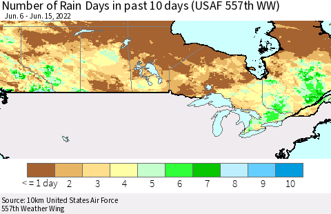 Canada Number of Rain Days in past 10 days (USAF 557th WW) Thematic Map For 6/11/2022 - 6/15/2022