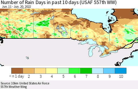 Canada Number of Rain Days in past 10 days (USAF 557th WW) Thematic Map For 6/16/2022 - 6/20/2022