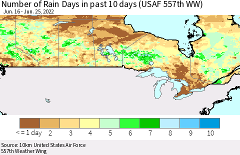 Canada Number of Rain Days in past 10 days (USAF 557th WW) Thematic Map For 6/21/2022 - 6/25/2022