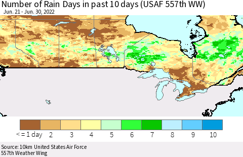 Canada Number of Rain Days in past 10 days (USAF 557th WW) Thematic Map For 6/26/2022 - 6/30/2022