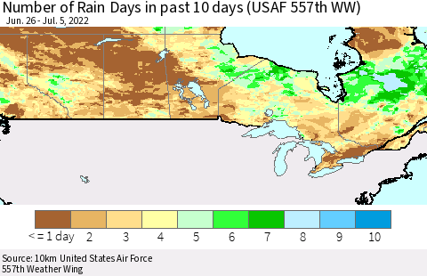 Canada Number of Rain Days in past 10 days (USAF 557th WW) Thematic Map For 7/1/2022 - 7/5/2022
