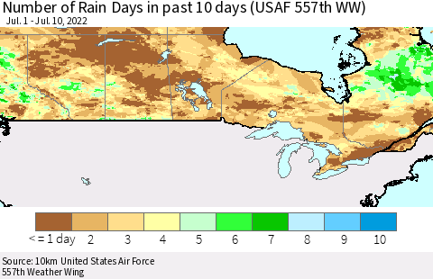 Canada Number of Rain Days in past 10 days (USAF 557th WW) Thematic Map For 7/6/2022 - 7/10/2022