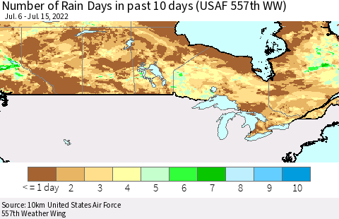 Canada Number of Rain Days in past 10 days (USAF 557th WW) Thematic Map For 7/11/2022 - 7/15/2022