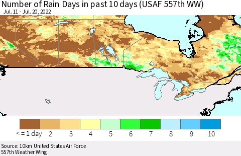 Canada Number of Rain Days in past 10 days (USAF 557th WW) Thematic Map For 7/16/2022 - 7/20/2022
