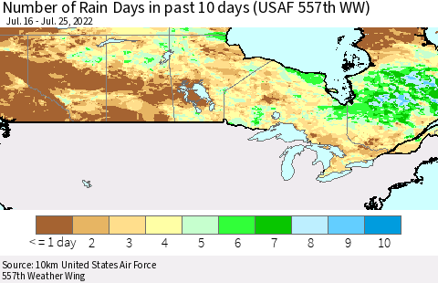 Canada Number of Rain Days in past 10 days (USAF 557th WW) Thematic Map For 7/21/2022 - 7/25/2022