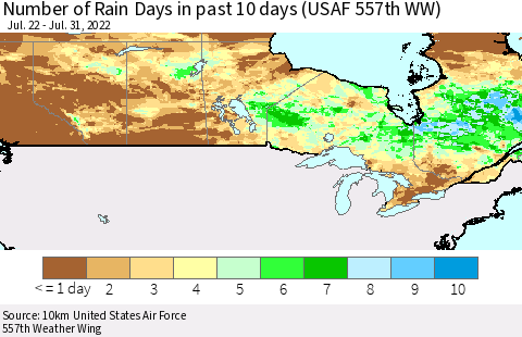 Canada Number of Rain Days in past 10 days (USAF 557th WW) Thematic Map For 7/26/2022 - 7/31/2022