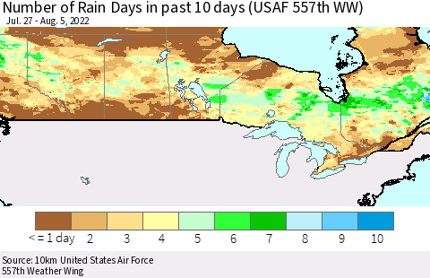 Canada Number of Rain Days in past 10 days (USAF 557th WW) Thematic Map For 8/1/2022 - 8/5/2022