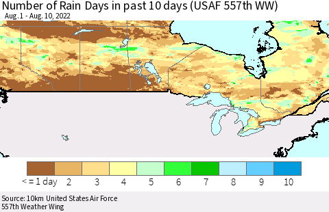 Canada Number of Rain Days in past 10 days (USAF 557th WW) Thematic Map For 8/6/2022 - 8/10/2022
