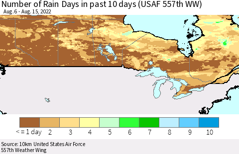 Canada Number of Rain Days in past 10 days (USAF 557th WW) Thematic Map For 8/11/2022 - 8/15/2022