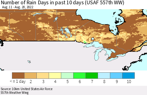 Canada Number of Rain Days in past 10 days (USAF 557th WW) Thematic Map For 8/16/2022 - 8/20/2022