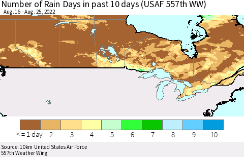 Canada Number of Rain Days in past 10 days (USAF 557th WW) Thematic Map For 8/21/2022 - 8/25/2022