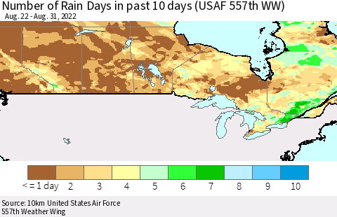Canada Number of Rain Days in past 10 days (USAF 557th WW) Thematic Map For 8/26/2022 - 8/31/2022