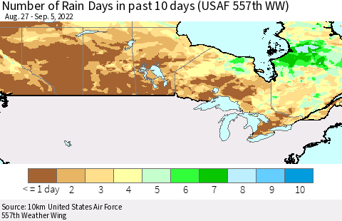 Canada Number of Rain Days in past 10 days (USAF 557th WW) Thematic Map For 9/1/2022 - 9/5/2022