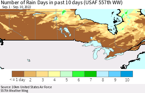 Canada Number of Rain Days in past 10 days (USAF 557th WW) Thematic Map For 9/6/2022 - 9/10/2022