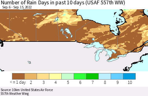 Canada Number of Rain Days in past 10 days (USAF 557th WW) Thematic Map For 9/11/2022 - 9/15/2022