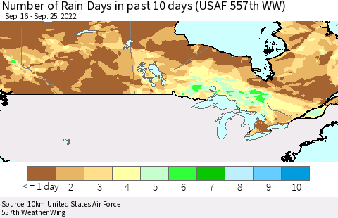 Canada Number of Rain Days in past 10 days (USAF 557th WW) Thematic Map For 9/21/2022 - 9/25/2022