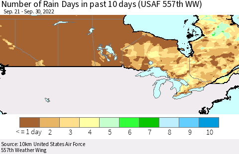 Canada Number of Rain Days in past 10 days (USAF 557th WW) Thematic Map For 9/26/2022 - 9/30/2022
