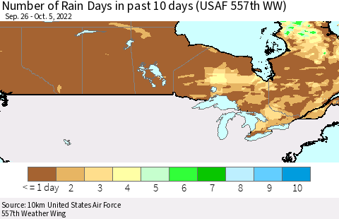 Canada Number of Rain Days in past 10 days (USAF 557th WW) Thematic Map For 10/1/2022 - 10/5/2022