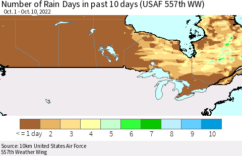 Canada Number of Rain Days in past 10 days (USAF 557th WW) Thematic Map For 10/6/2022 - 10/10/2022