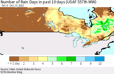 Canada Number of Rain Days in past 10 days (USAF 557th WW) Thematic Map For 10/11/2022 - 10/15/2022