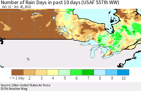 Canada Number of Rain Days in past 10 days (USAF 557th WW) Thematic Map For 10/16/2022 - 10/20/2022