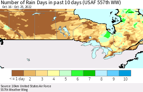 Canada Number of Rain Days in past 10 days (USAF 557th WW) Thematic Map For 10/21/2022 - 10/25/2022