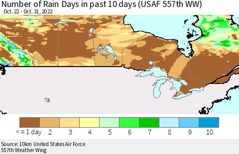 Canada Number of Rain Days in past 10 days (USAF 557th WW) Thematic Map For 10/26/2022 - 10/31/2022