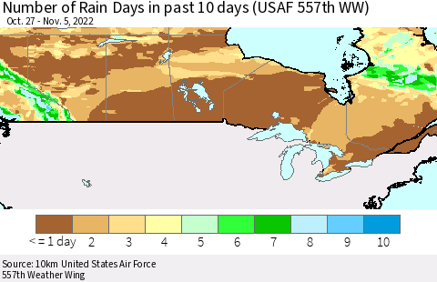 Canada Number of Rain Days in past 10 days (USAF 557th WW) Thematic Map For 11/1/2022 - 11/5/2022