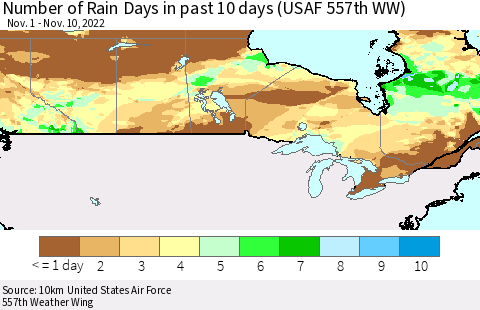 Canada Number of Rain Days in past 10 days (USAF 557th WW) Thematic Map For 11/6/2022 - 11/10/2022