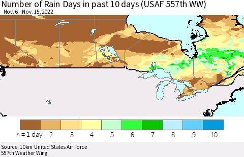 Canada Number of Rain Days in past 10 days (USAF 557th WW) Thematic Map For 11/11/2022 - 11/15/2022