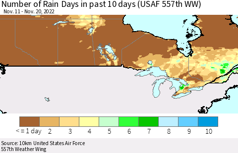 Canada Number of Rain Days in past 10 days (USAF 557th WW) Thematic Map For 11/16/2022 - 11/20/2022
