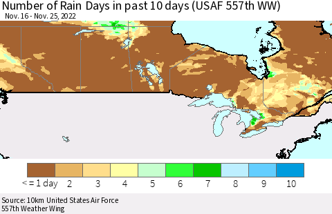 Canada Number of Rain Days in past 10 days (USAF 557th WW) Thematic Map For 11/21/2022 - 11/25/2022
