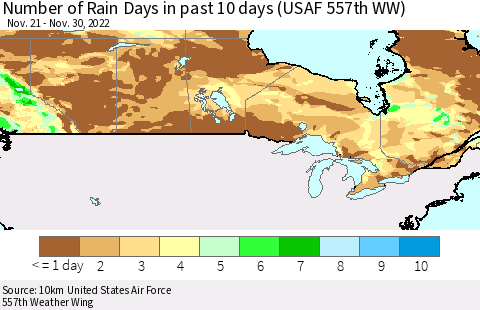 Canada Number of Rain Days in past 10 days (USAF 557th WW) Thematic Map For 11/26/2022 - 11/30/2022