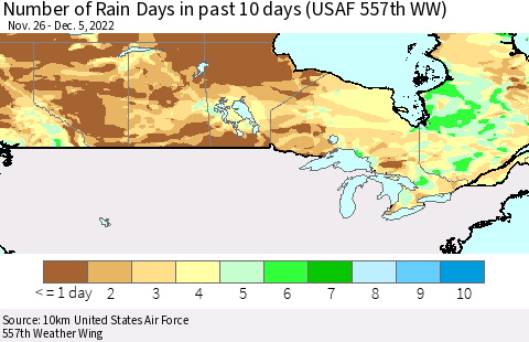 Canada Number of Rain Days in past 10 days (USAF 557th WW) Thematic Map For 12/1/2022 - 12/5/2022