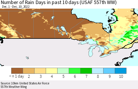 Canada Number of Rain Days in past 10 days (USAF 557th WW) Thematic Map For 12/6/2022 - 12/10/2022