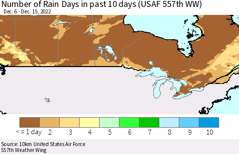 Canada Number of Rain Days in past 10 days (USAF 557th WW) Thematic Map For 12/11/2022 - 12/15/2022