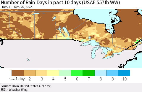 Canada Number of Rain Days in past 10 days (USAF 557th WW) Thematic Map For 12/16/2022 - 12/20/2022