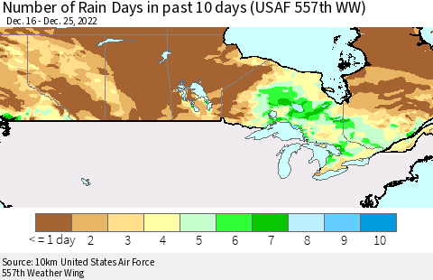 Canada Number of Rain Days in past 10 days (USAF 557th WW) Thematic Map For 12/21/2022 - 12/25/2022