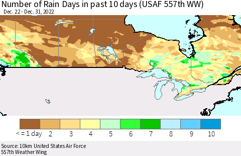 Canada Number of Rain Days in past 10 days (USAF 557th WW) Thematic Map For 12/26/2022 - 12/31/2022
