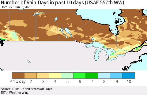 Canada Number of Rain Days in past 10 days (USAF 557th WW) Thematic Map For 1/1/2023 - 1/5/2023
