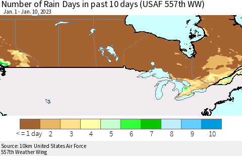 Canada Number of Rain Days in past 10 days (USAF 557th WW) Thematic Map For 1/6/2023 - 1/10/2023