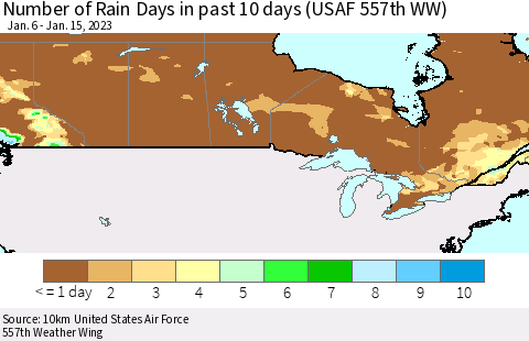 Canada Number of Rain Days in past 10 days (USAF 557th WW) Thematic Map For 1/11/2023 - 1/15/2023