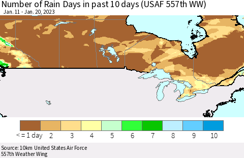 Canada Number of Rain Days in past 10 days (USAF 557th WW) Thematic Map For 1/16/2023 - 1/20/2023