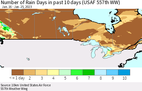Canada Number of Rain Days in past 10 days (USAF 557th WW) Thematic Map For 1/21/2023 - 1/25/2023