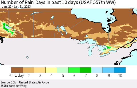 Canada Number of Rain Days in past 10 days (USAF 557th WW) Thematic Map For 1/26/2023 - 1/31/2023