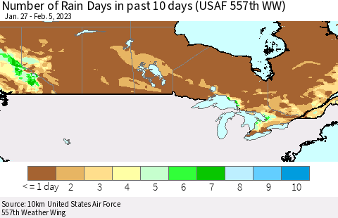 Canada Number of Rain Days in past 10 days (USAF 557th WW) Thematic Map For 2/1/2023 - 2/5/2023