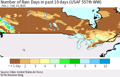 Canada Number of Rain Days in past 10 days (USAF 557th WW) Thematic Map For 2/6/2023 - 2/10/2023