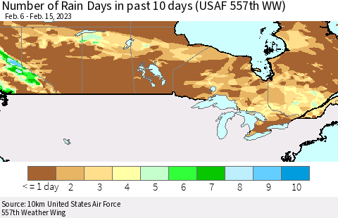 Canada Number of Rain Days in past 10 days (USAF 557th WW) Thematic Map For 2/11/2023 - 2/15/2023