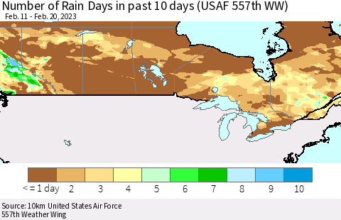Canada Number of Rain Days in past 10 days (USAF 557th WW) Thematic Map For 2/16/2023 - 2/20/2023