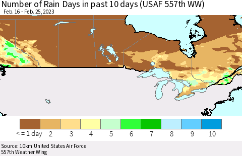 Canada Number of Rain Days in past 10 days (USAF 557th WW) Thematic Map For 2/21/2023 - 2/25/2023